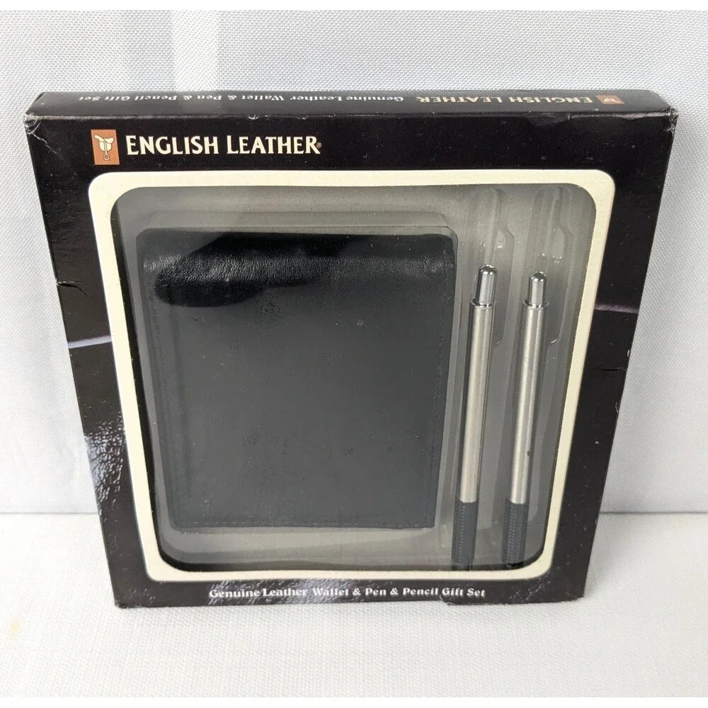 NIB English Leather Company Genuine Leather Men's Wallet Pen and Pencil Set New
